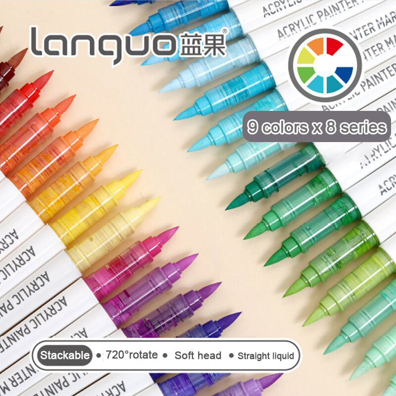 

Warni Lurus Cairan Acrylic Marker Set Acrylic Brush Pen Penanda Kepala Lembut Tahan Air Kepala Lukisan Penanda 9 Colors X 8 Series