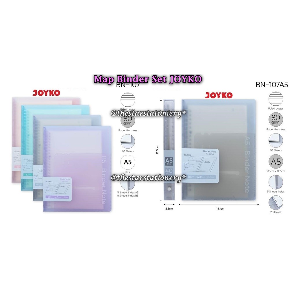 

(1 Biji) GROSIR Map Binder JOYKO BN-107A5 A5 40 Sheets Rings Plastic / JOYKO Binder Note BN-107 A5