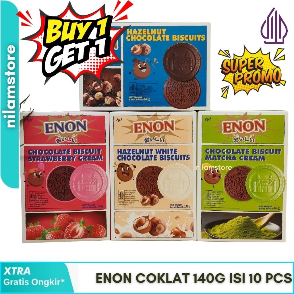 

BUY 1 GET 1 Enon Coklat Biskuit 140g Enon Box Cokelat Biskuit 140g - ENON Coklat Biskuit Hazelnut 140g - ENON Choco Hazelnut PROMO