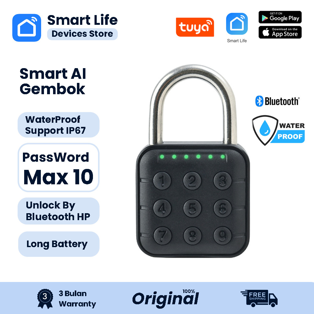 Smart Padlock Gembok Password Waterproof IP67 Tuya/SmartLife 12 Months Battery SmartLife