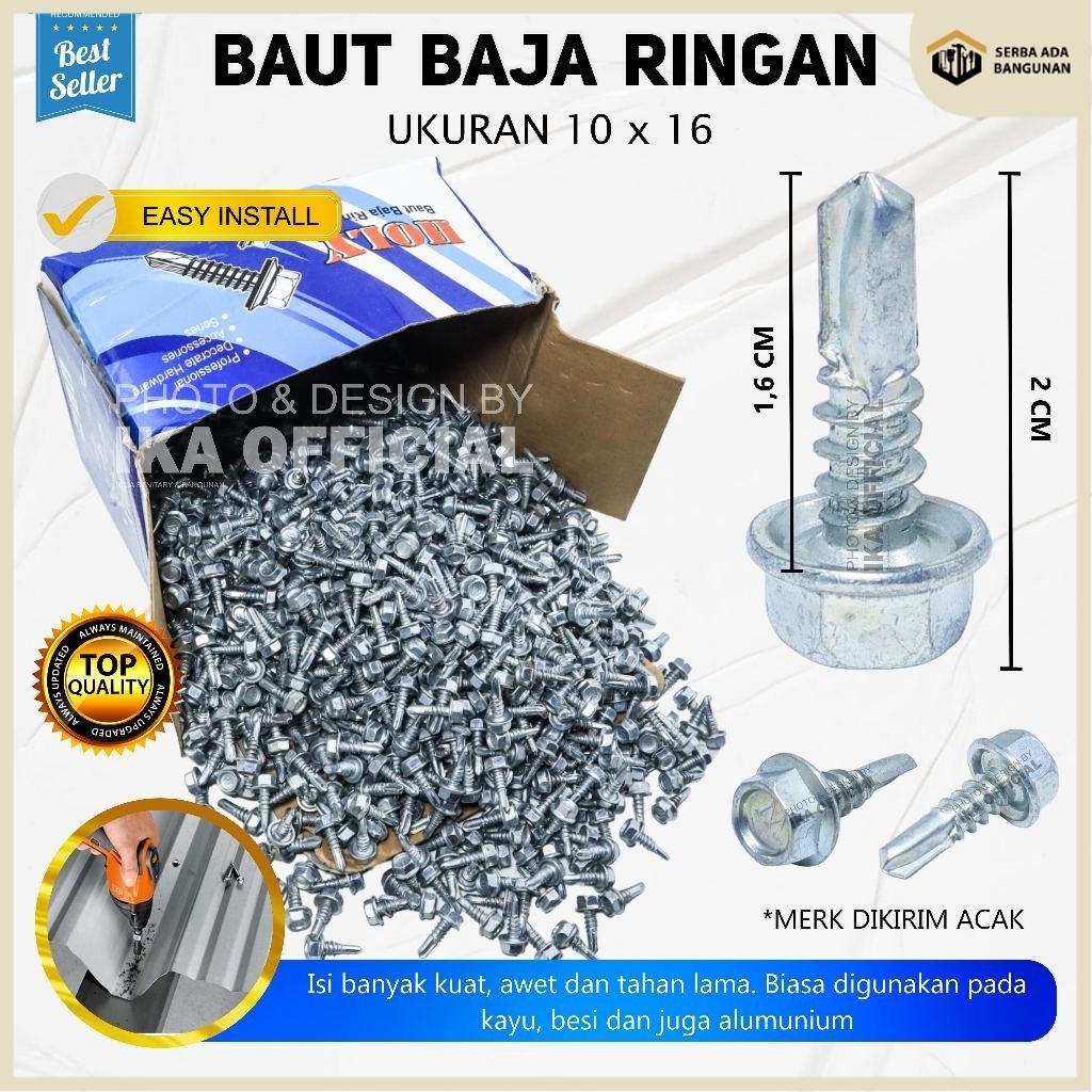 SAB Baut Baja Ringan 10 x 16 MM - 1 Dus - High Quality / Roofing Baut Baja Ringan 10x16 Baut / sekru