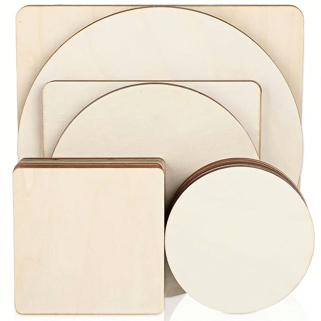 

32pcs Blank Wood Circles Squares for Crafts 3 Sizes Wood Cutouts for Crafts Wooden Cutouts Tiles Round DIY Blank Wood Discs