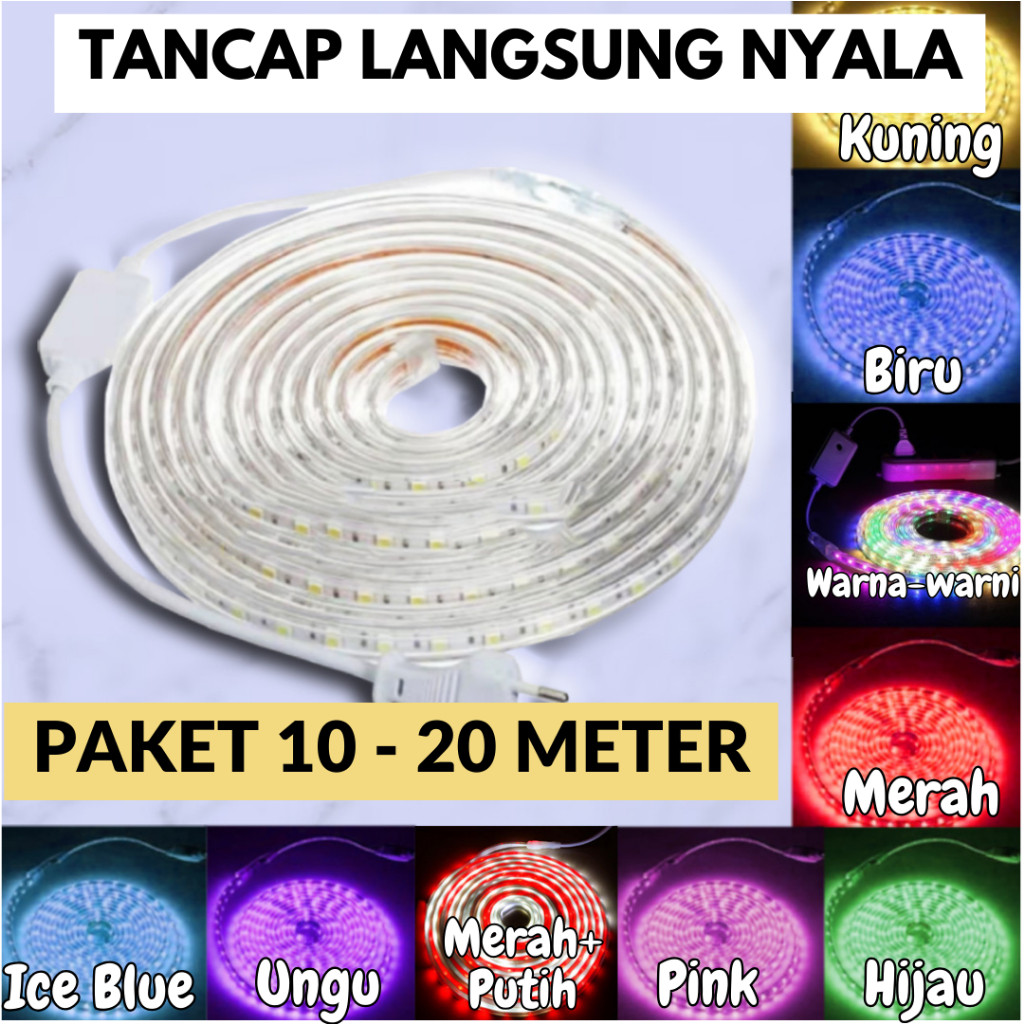 Lampu LED Strip Viral Panjang 10M Sampai 20 Meter – Tancap Langsung Nyala, Warna-warni Aesthetic Coc