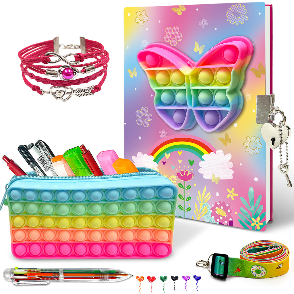 

Pop Notebook for Kids, Fidget Journal Set Includes Diary with lock Pink Fashion Bracelet 6 Multicolor Ball Pen & Pop Pencil Case