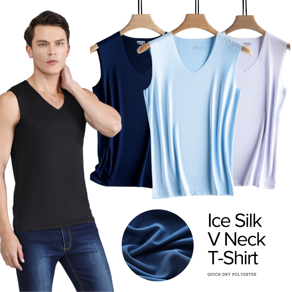 Kaos Dalam Pria Singlet Polos Warna V Neck Ice Silk Spandex T-Shirt Tipis Tali Besar JCKS11