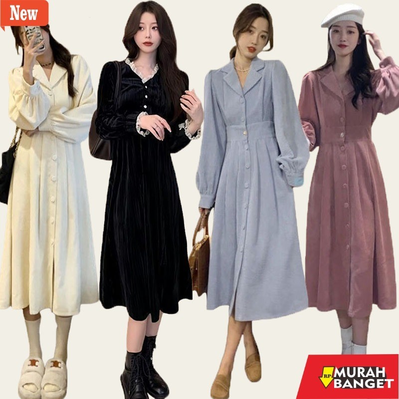 dress wanita kekinian Dress Korean Style Kerah Setelan Pinggang Retro Elegan Lengan Panjang Korduroi