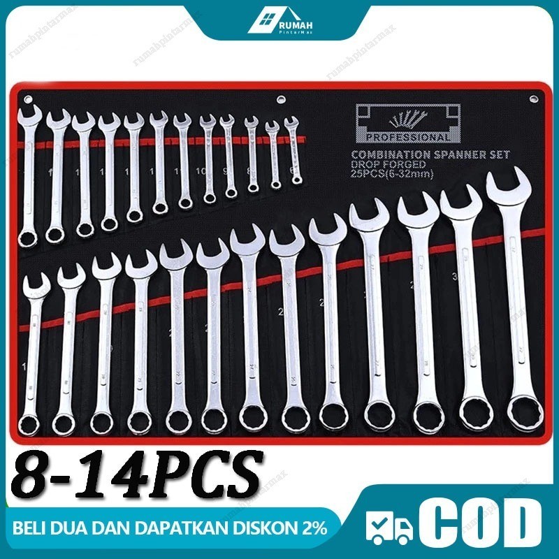【COD】Kunci Ring Pas set 14 pcs 8-24mm kunci kombinasi Combination Spanner Wrench Kombinasi Ring dan 
