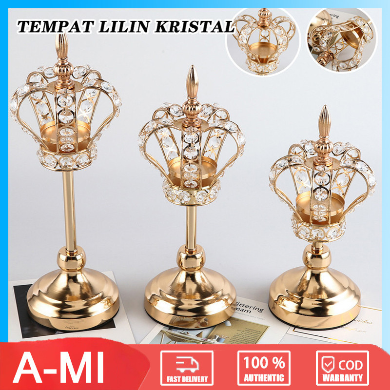 3 Tingkatan Tempat Lilin Kristal Emas - Tempat Lilin Kristal Mewah - Tempat Lilin Kristal Mahkota - 