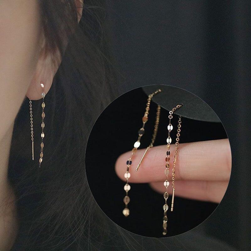 Anting Titanium Tusuk Jarum Panjang Rumbai Motif Pecah kopi