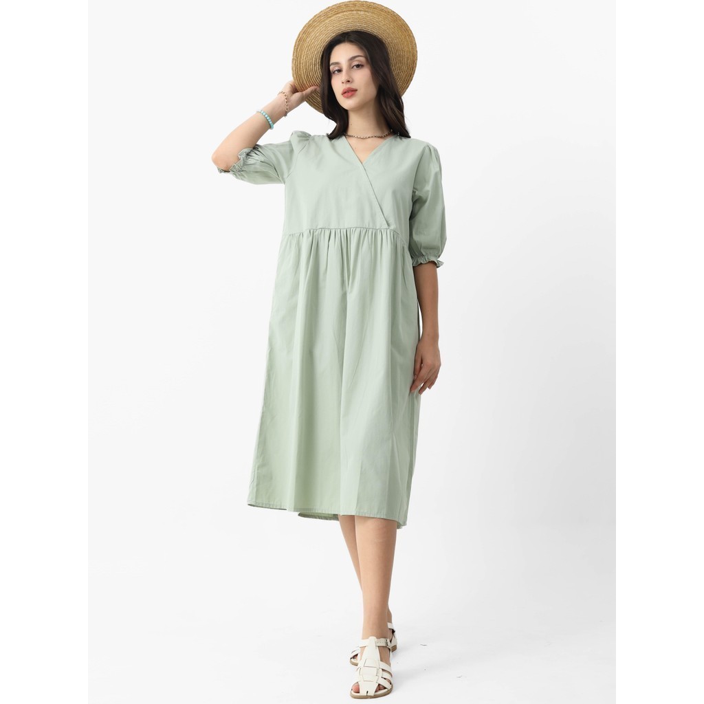 Gaudi Dress Midi V-Neck Lengan Pendek Casual Wanita Wyatt Dress