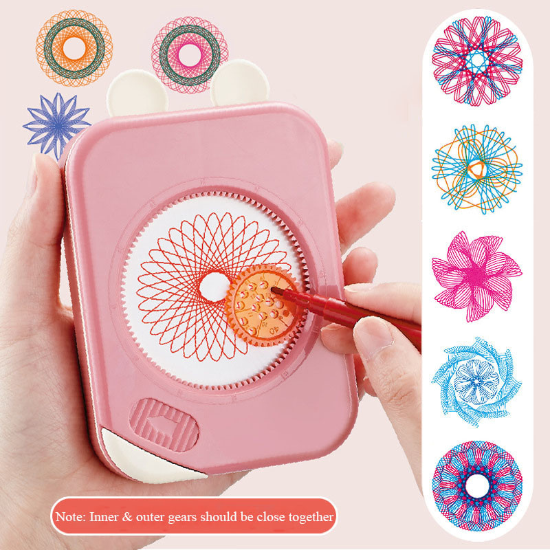 

Creative Educational Toy Set for Kids Storage Box with Interlocking Gear Wheels Drawing Ruler Paper Pens and Spirograph Design