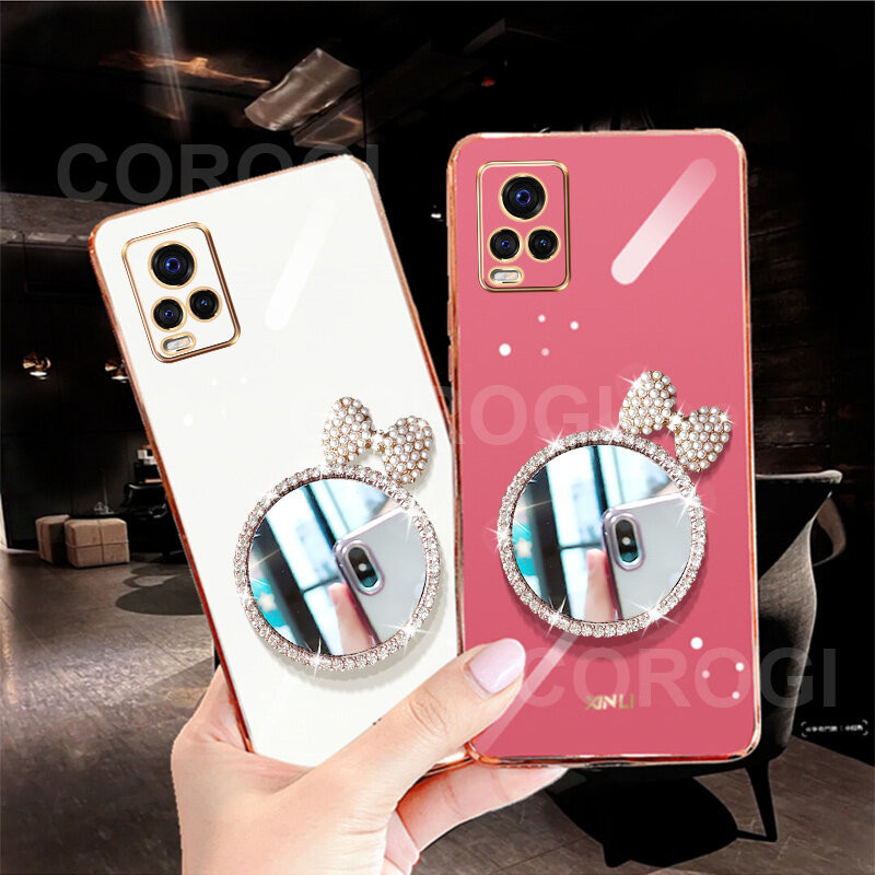 Casing HP Vivo V21  Vivo V21e 4G  Vivo Y73 Cermin Mewah 6D Plating Square Bumper Bumper Gadis Makeup