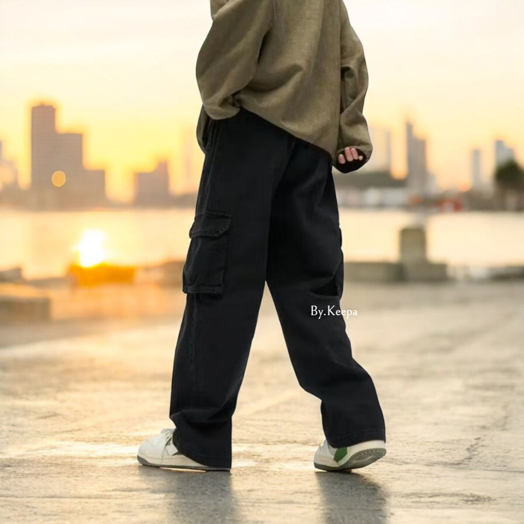 Celana Cargo Jeans Panjang Pria Reguler Standar Loose Fit Cargo Gombrong Jeans Pria