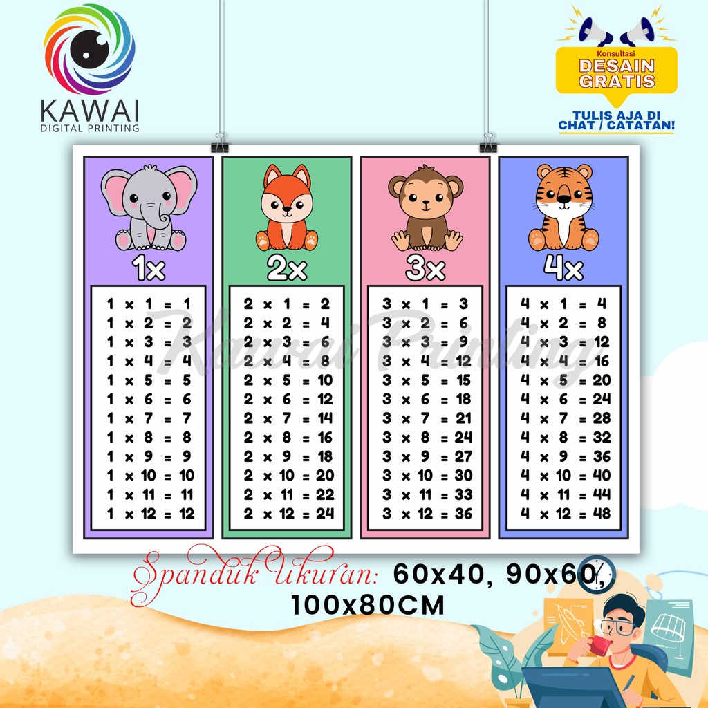 SPANDUK / BANNER Tabel Perkalian Animal Free Desain