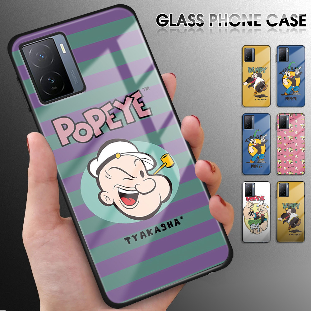 Untuk Vivo IQOO Z9X 5G T1 Luxury Soft Edge Anime Popeye Glossy Casing Tempered Glass Shockproof Rear
