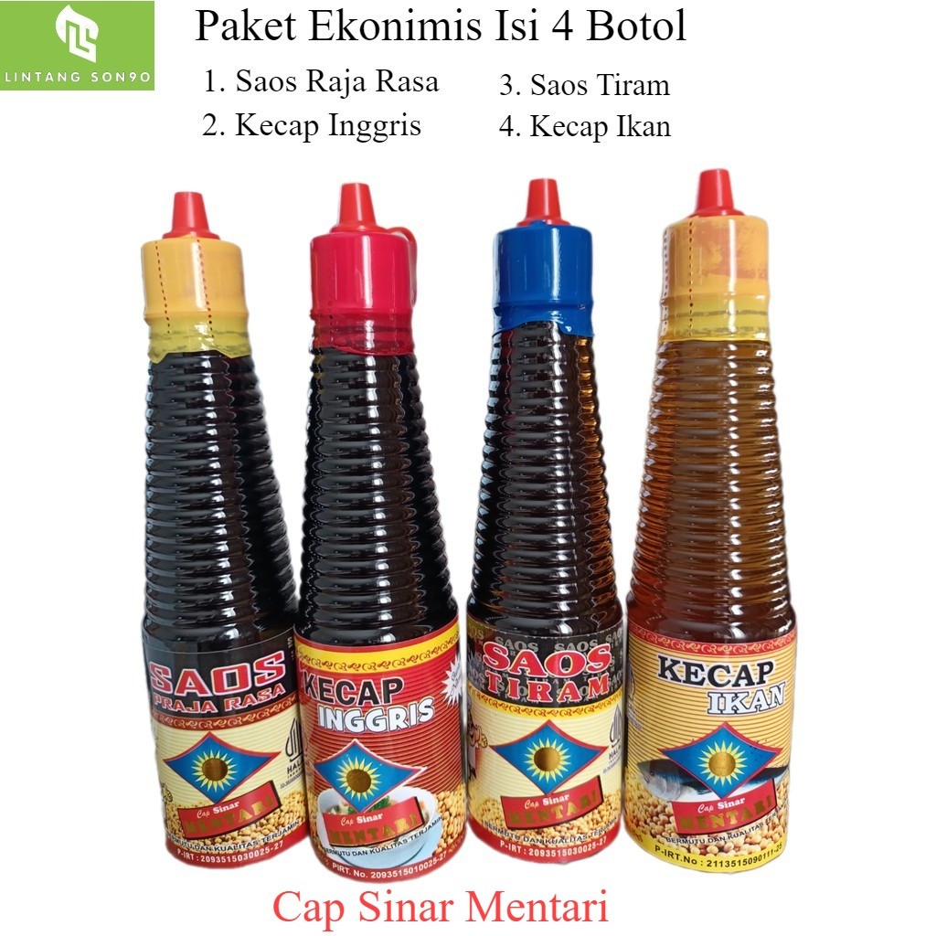 

Paket Ekonomis Isi 4 Botol Cap Sinar Mentari 150 Ml -Kecap Inggris, Saos Raja Rasa, Saos Tiram, Kecap Ikan