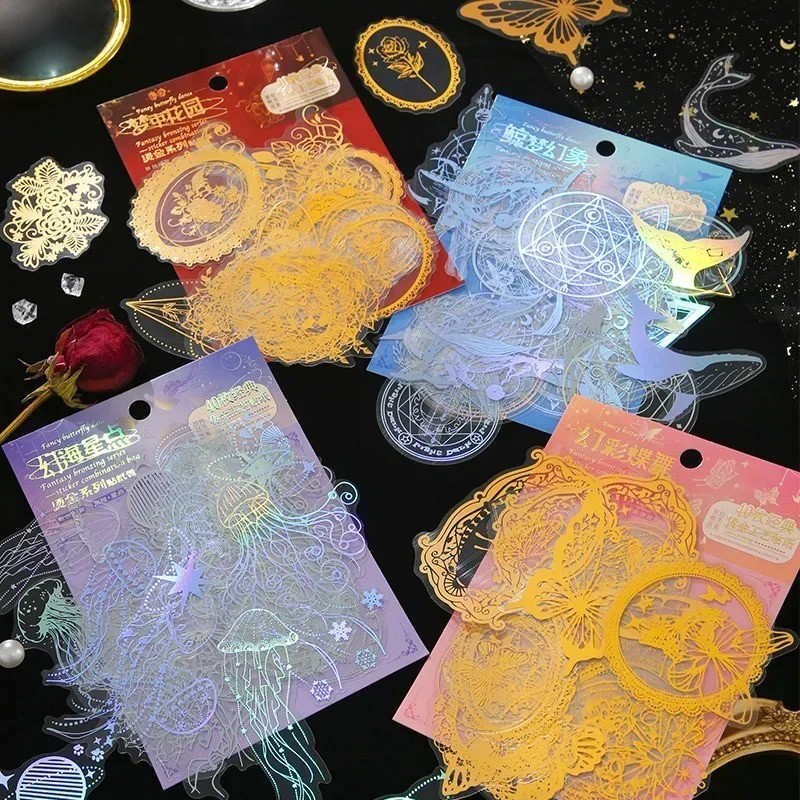 

40/45pc Holographic Glitter Jellyfish Whale Butterfly Stickers Set Waterproof Decorative Adhesive Stickers For Scrapbook Journal