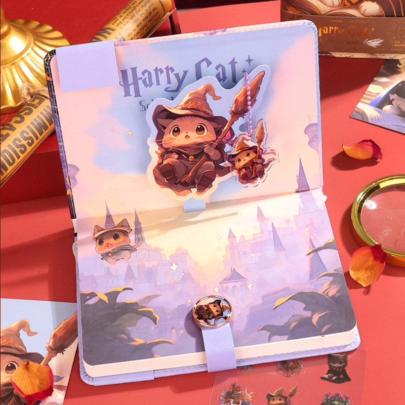 

Cute Harry Cat Notebook Full Color Page Illustration Cartoon Magnetic Buckle Soft Leather Diary Student Notepa