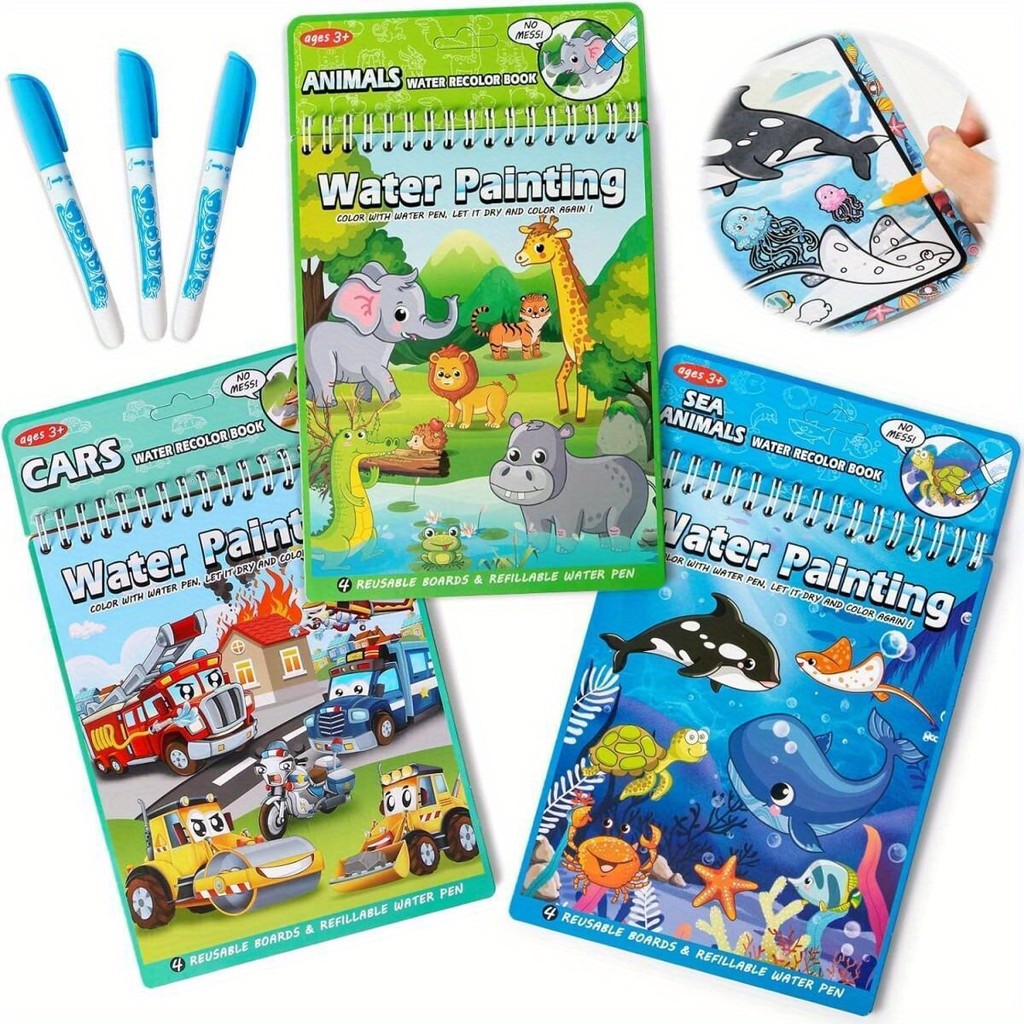 

3Pcs Water Painting Book for Toddlers, Water Coloring Book Paint,No Mess Reusable Educational Doodle Drawing Toys