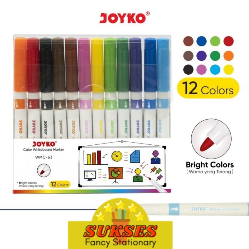 

Spidol Warna Papan Tulis Set Isi 12 | Color Whiteboard Marker Joyko WMC-63 12 Warna