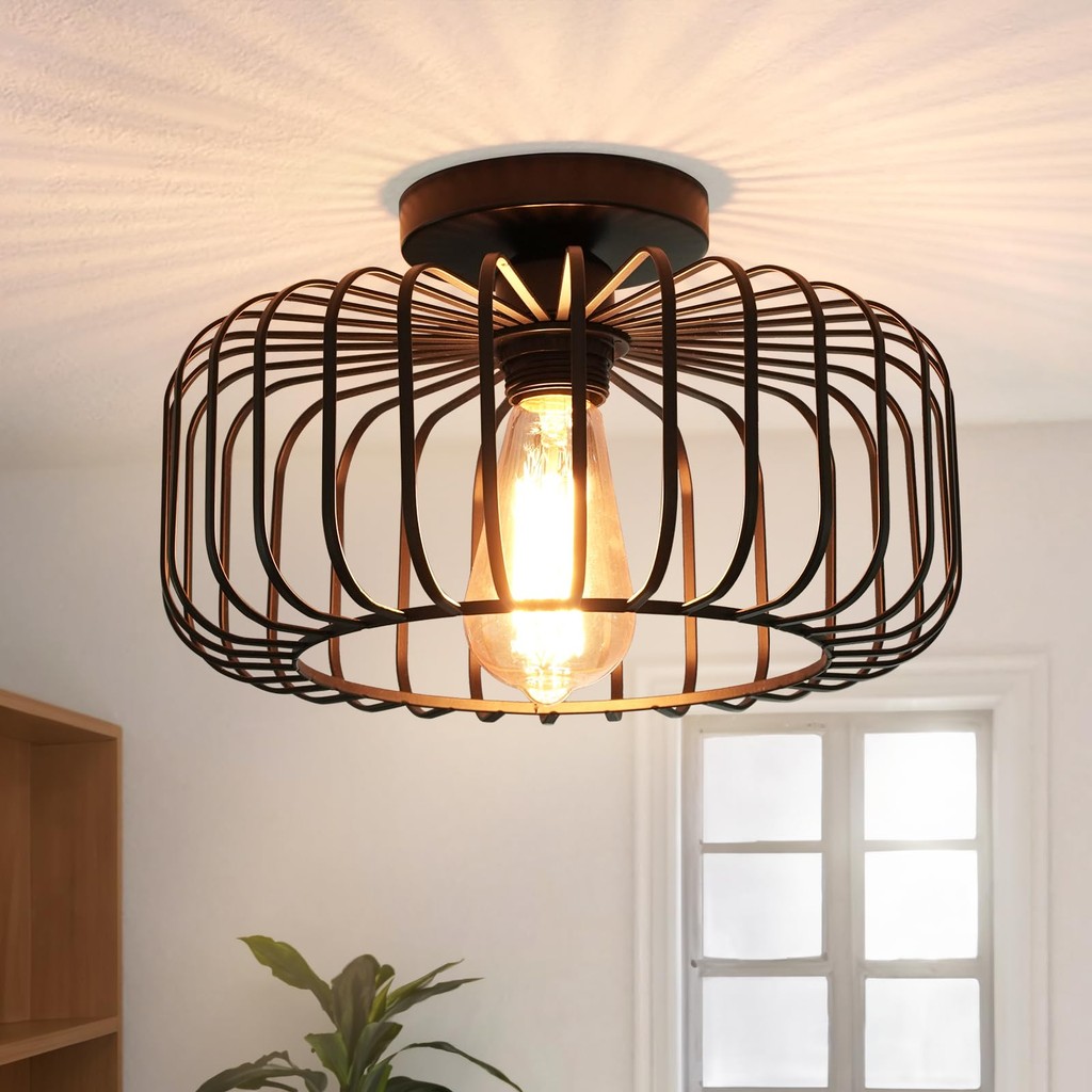 Semi Flush Mount Ceiling Light E27 Retro Black Industrial Ceiling Lamp Fixtures for Porch Hallway Li