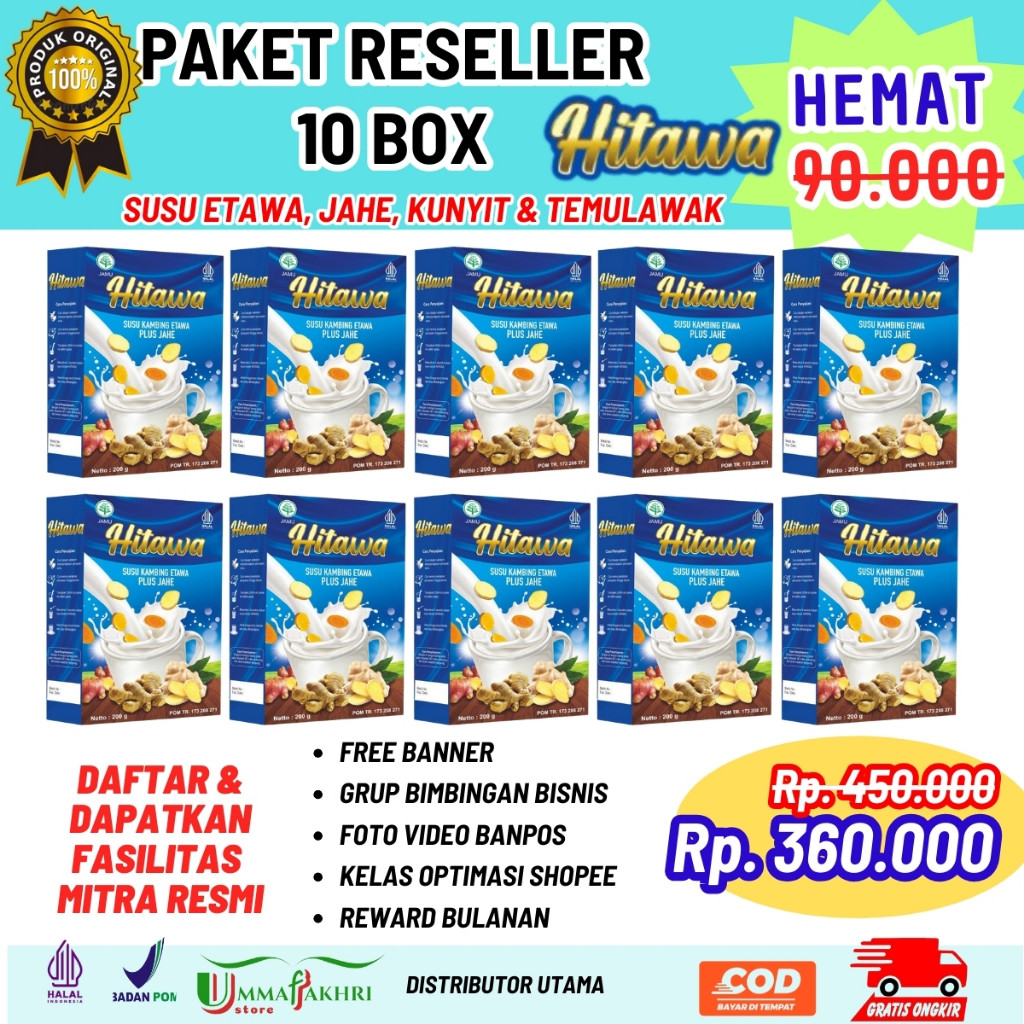 

HITAWA 10 Box Paket Reseller susu etawa Jahe Terapi nyeri sendi dan tulang