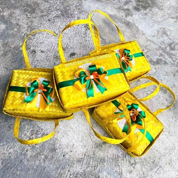 

Sepasang besek jinjing persegi panjang warna hias pita Box nasi Hampers Hantaran - 30cm x 15cm | Besek Bambu Handmade