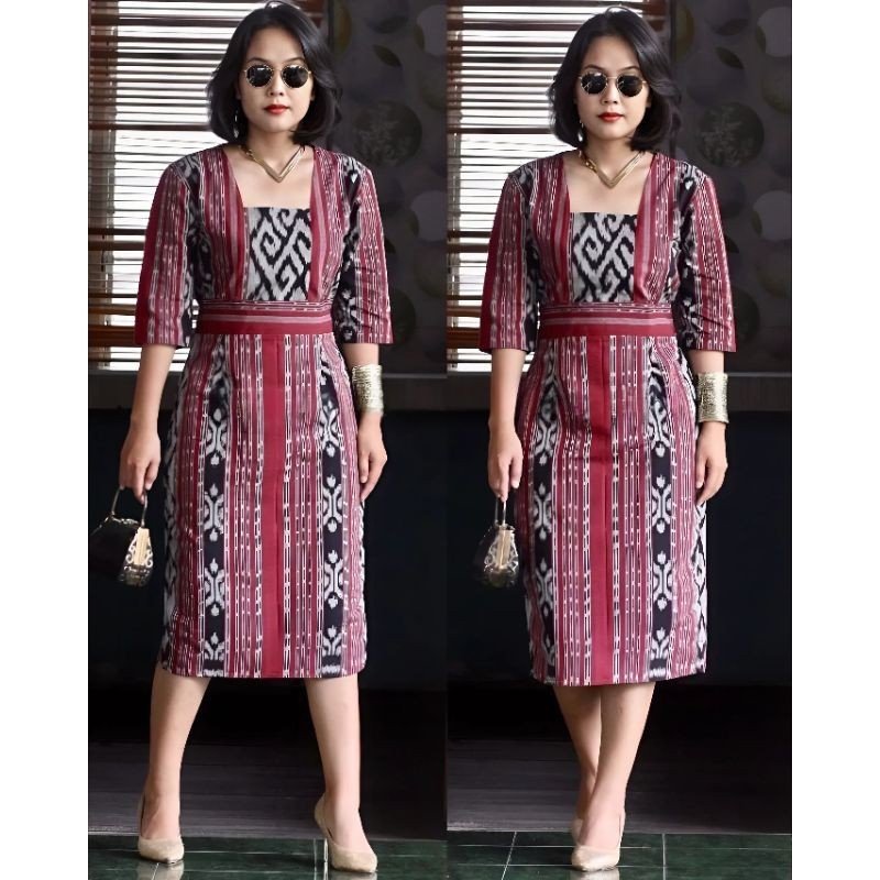 SAQEENA SET COUPLE TENUN DRESS TORAJA MAROON BAJU WANITA PESTA NATAL KEMEJA PANJANG PRIA PASANGAN KE