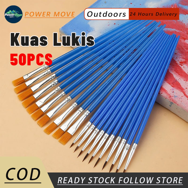 

50Pcs Nilon Bulu Artist Paint Brush Set - Flat Tip Akrilik & Minyak Guas, Air Cat Biru, Sikat Runcing/Garis Besar, Graffiti/Kuas Lukis Paintbrush