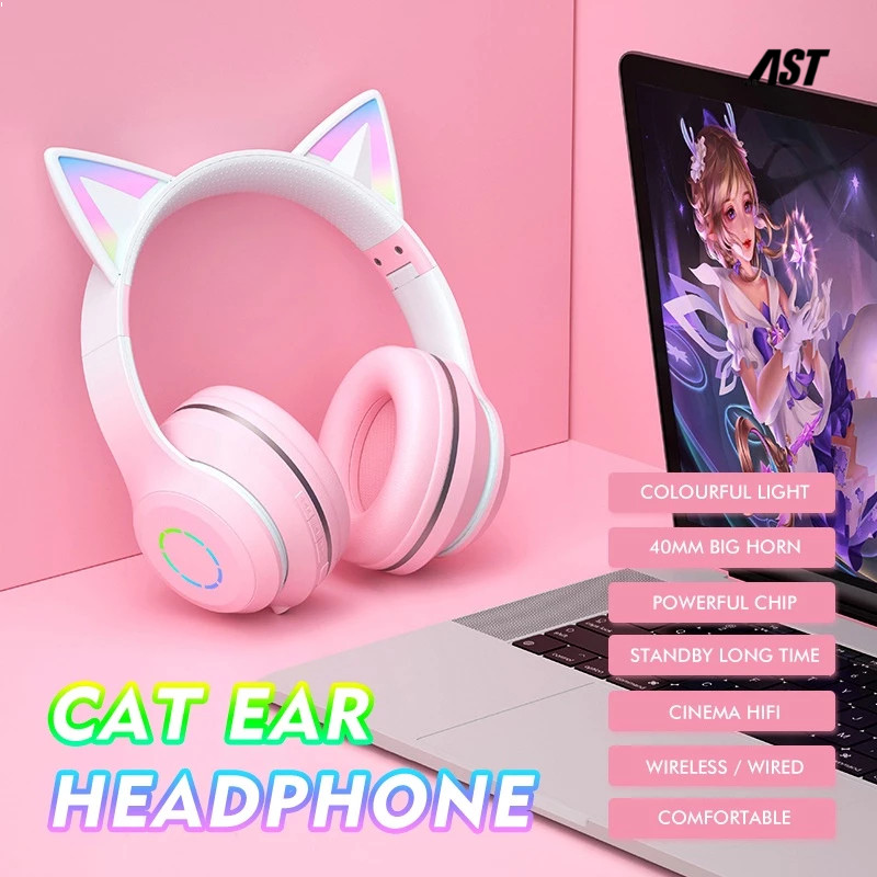 Headphone Cat Bluetooth Mikropon Wireless Headset LED Stereo Bass Hi-Fi Sound Stereo Cocok laptop/ko