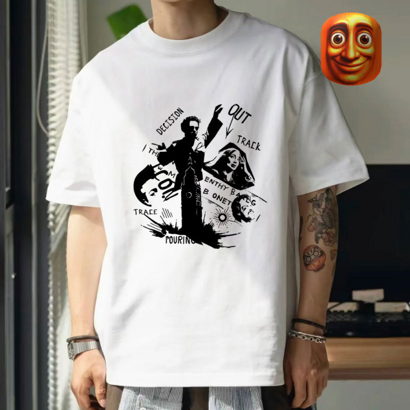 Kaos bermotif  T-shirt Katun Longgar Leher Bulat Motif Bayangan Tinta Pria Korea