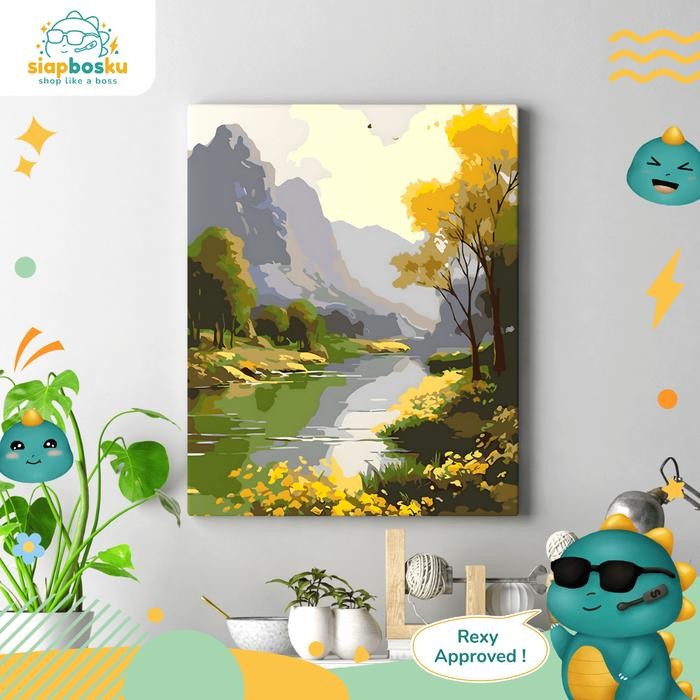 

PAINT BY NUMBER 40x50 CM KANVAS PAINTING WITH FRAME CAT KUAS - AESTHETIC LANDSCAPE - Calm River, Dirakit, No Box