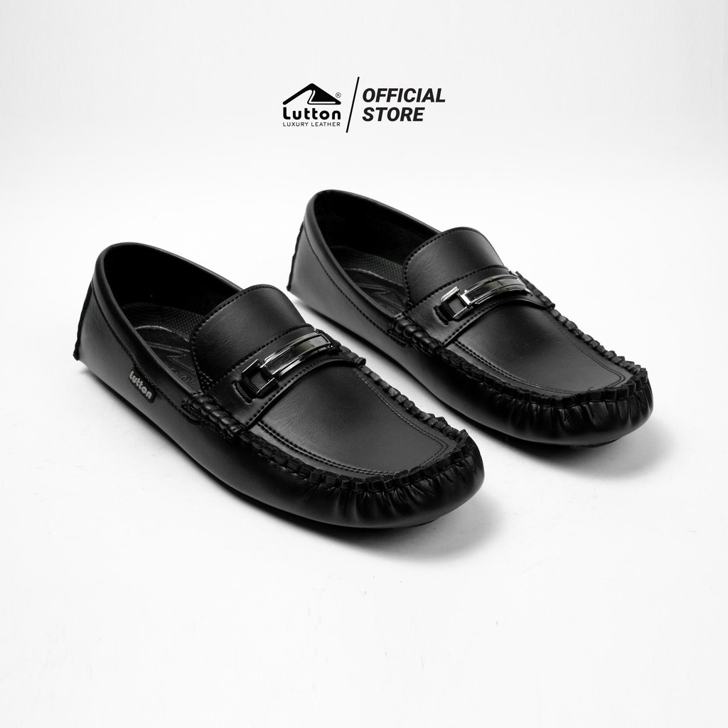 Sepatu Loafers Pria LUTTON ASTRO Mocasin Slip On – Kulit Sintetis Sol Jahit – Hitam Elegan Ukuran 39