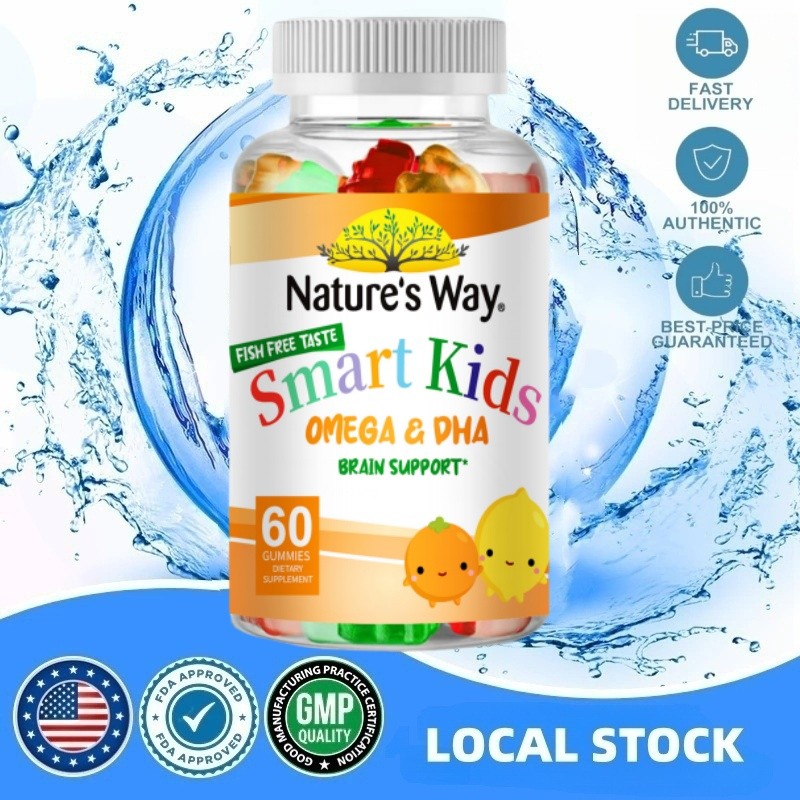 Nature’s Way 60 pcs Halal Omega-3 Gummies untuk Anak-anak DHA/EPA/ALA, Dukungan Kesehatan Otak Perke