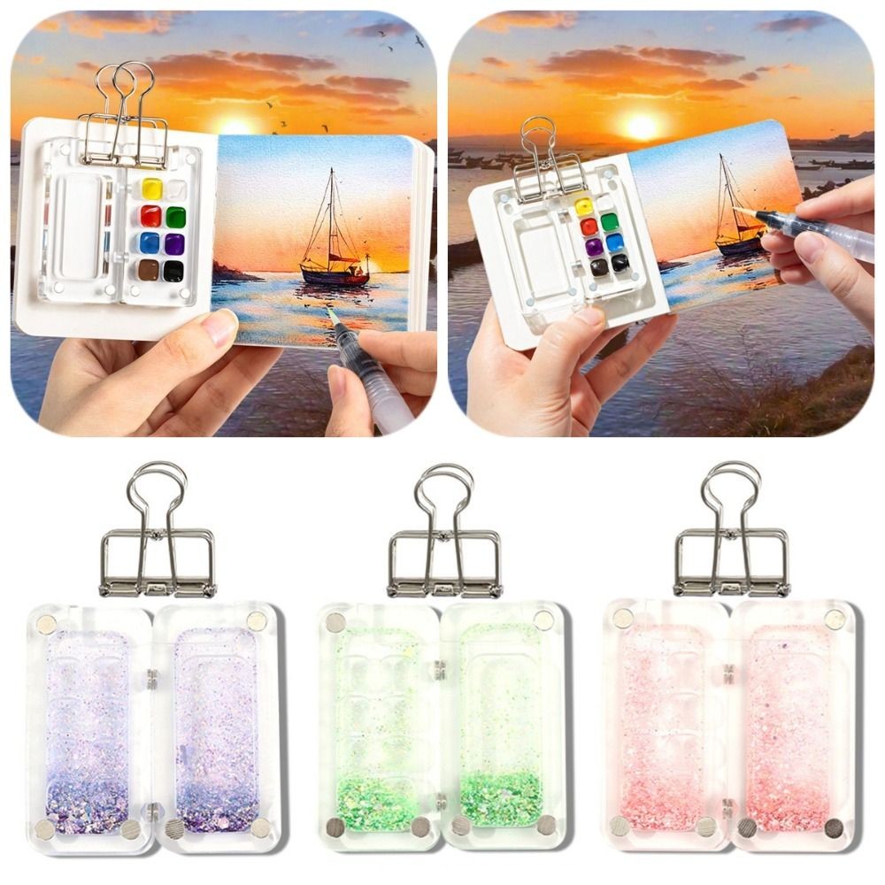 

Acrylic Watercolor Paint Palette Magnetic Sparkling Paint Pigment Box Foldable Mini Travel Painting Tray Student