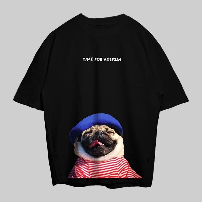 (TOP) VABA Oversized Pug Time To Holiday Tshirt  | Kaos Streetwear Unisex Tee Oversize Pria  Panjang