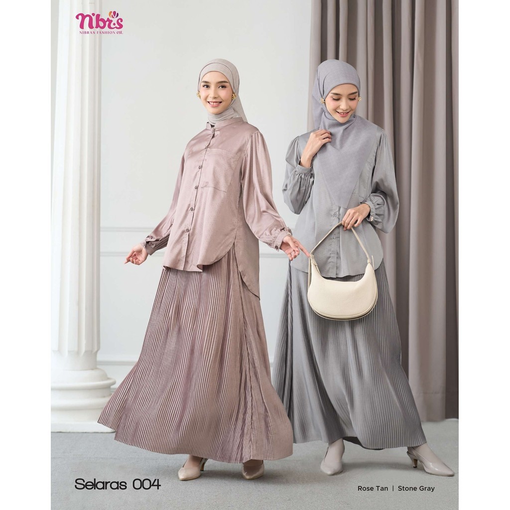 Nibras Selaras 004 Baju Setelan Wanita Muslimah Blouse Rok Satin Emboss Simpel Elegan Kantor Kuliah