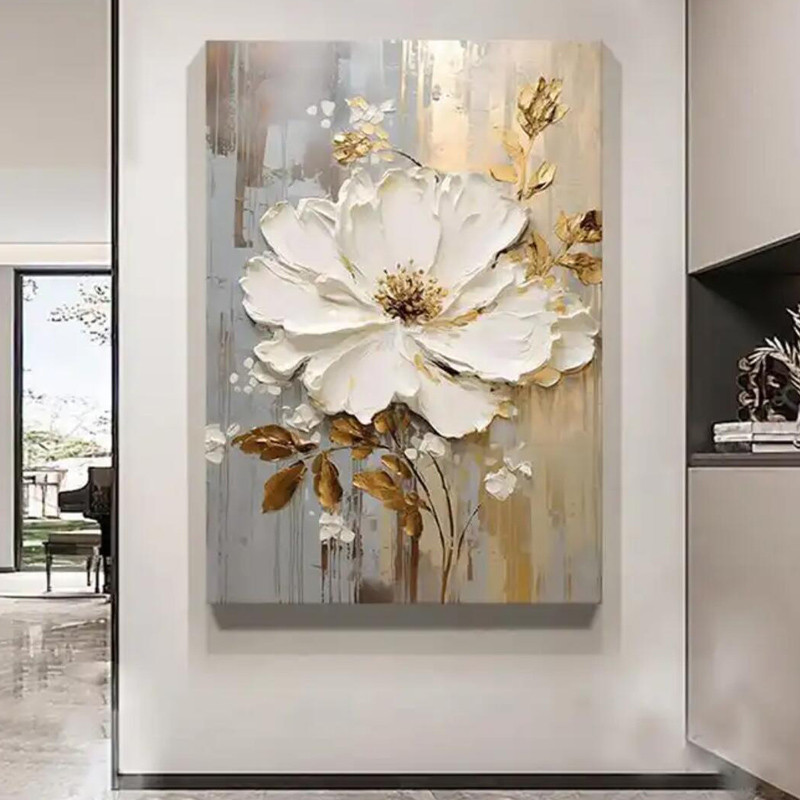 

Special Abstract White Flower Knife Thick Oil Painting On Canvas Handmade Gold Foil Luxury Flower Floral Wall Art Room Decor