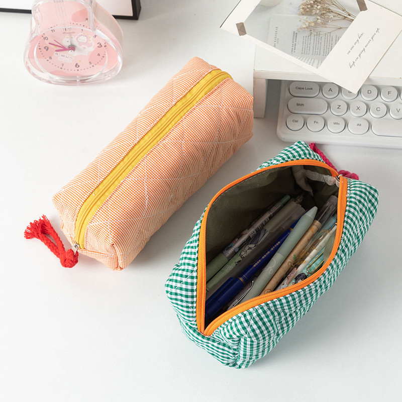 

Large Capacity Pen Bag Cosmetic Pouch Quilting Contrast Color Plaid Pencil Case Student Stationery Bag Travel School Supplies