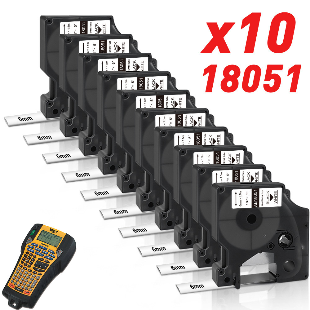 

10pcs 18051 for Dymo Rhino Heat Shrink Tube Label Tape 6mm Black on White for Rhino 1000 3000 4200 5000 5200 6000 Label Maker