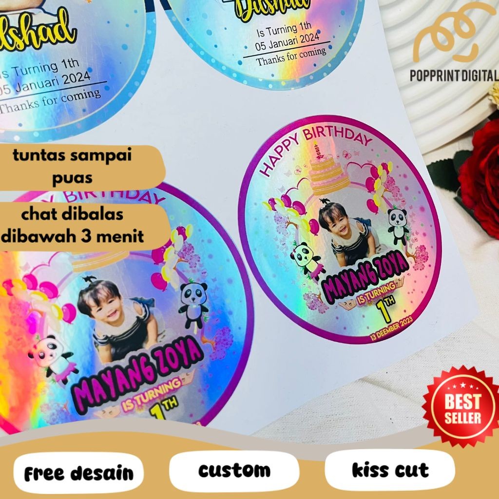 

PpD 2-4 Stiker Hologram Ulang Tahun Taun Anak Bentuk Bulat Label Ultah Sticker Undangan Happy Birthday