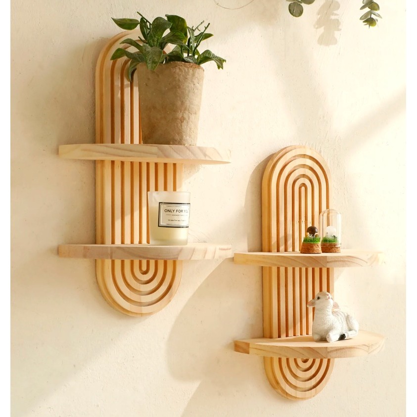 

Wooden Wall Mounted Storage Rack Boho Style Display Shelves Modern Home Decor for Living Room, Bathroom Decoration