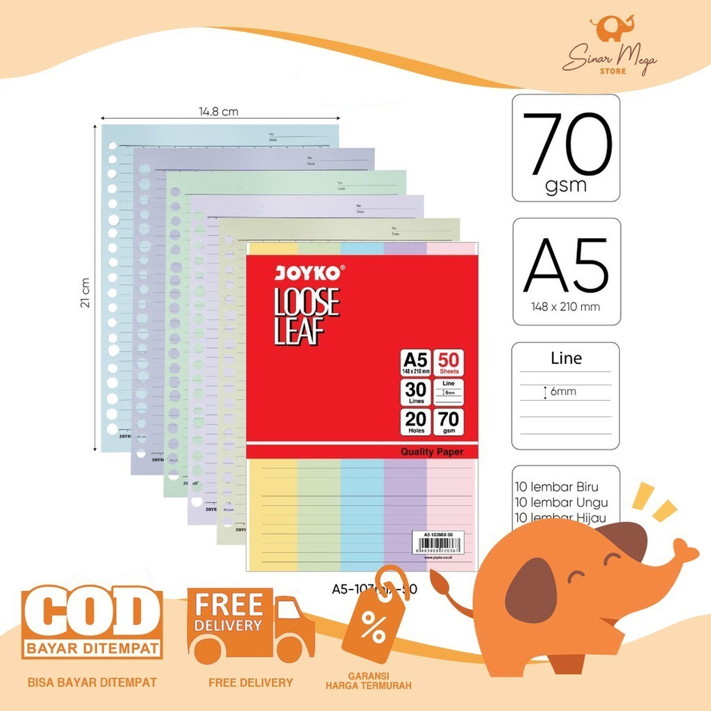 

Joyko Loose Leaf Isi Ulang Refill Binder Paper A5 103MIX 50 Lembar Colorful Rainbow Ruled Bergaris