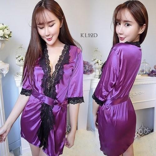 Piyama Tidur Wanita Dewasa Lingerie Seksi Kimono Ungu KL12D