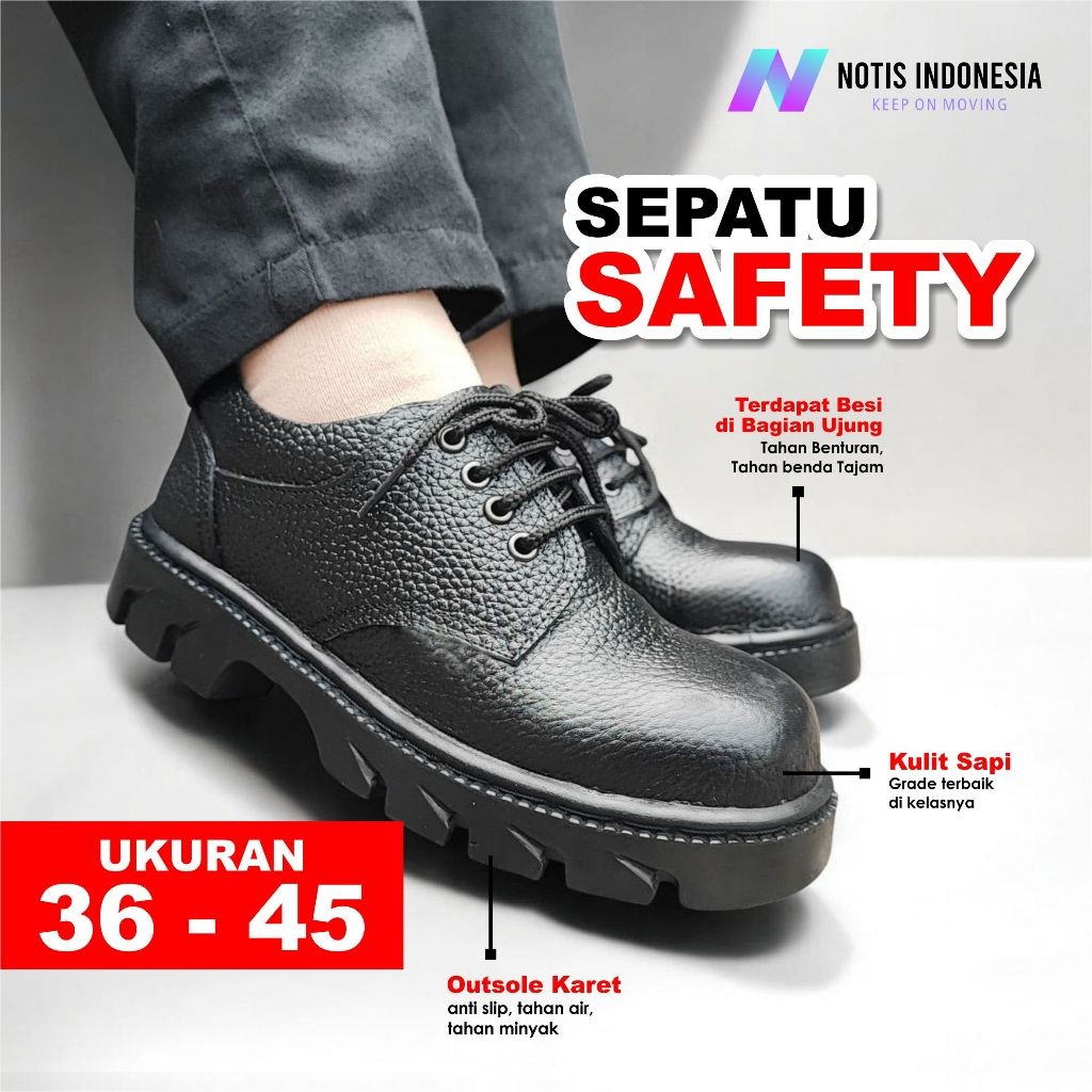 PROMO !!! NOTIS - SEPATU SAFETY TALI SELOP SLIP ON KULIT ASLI SEPATU SAFETY PRIA WANITA UNISEX WORK 