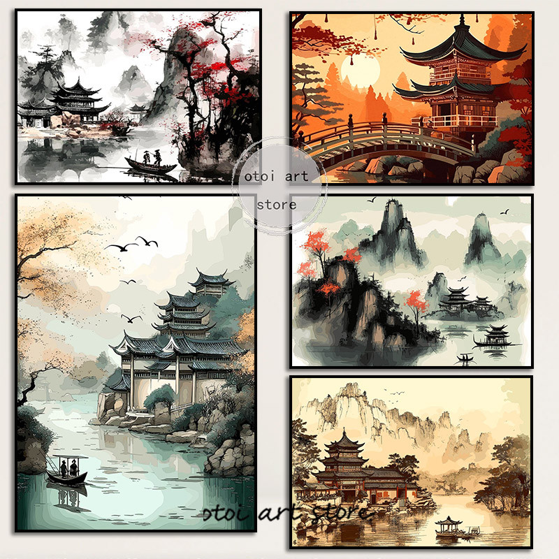 

Vintage Japanese Landscape Boats on The River Mountain Moon Landcape Art Posters Canvas Painting Wall Prints Pictures Home Decor