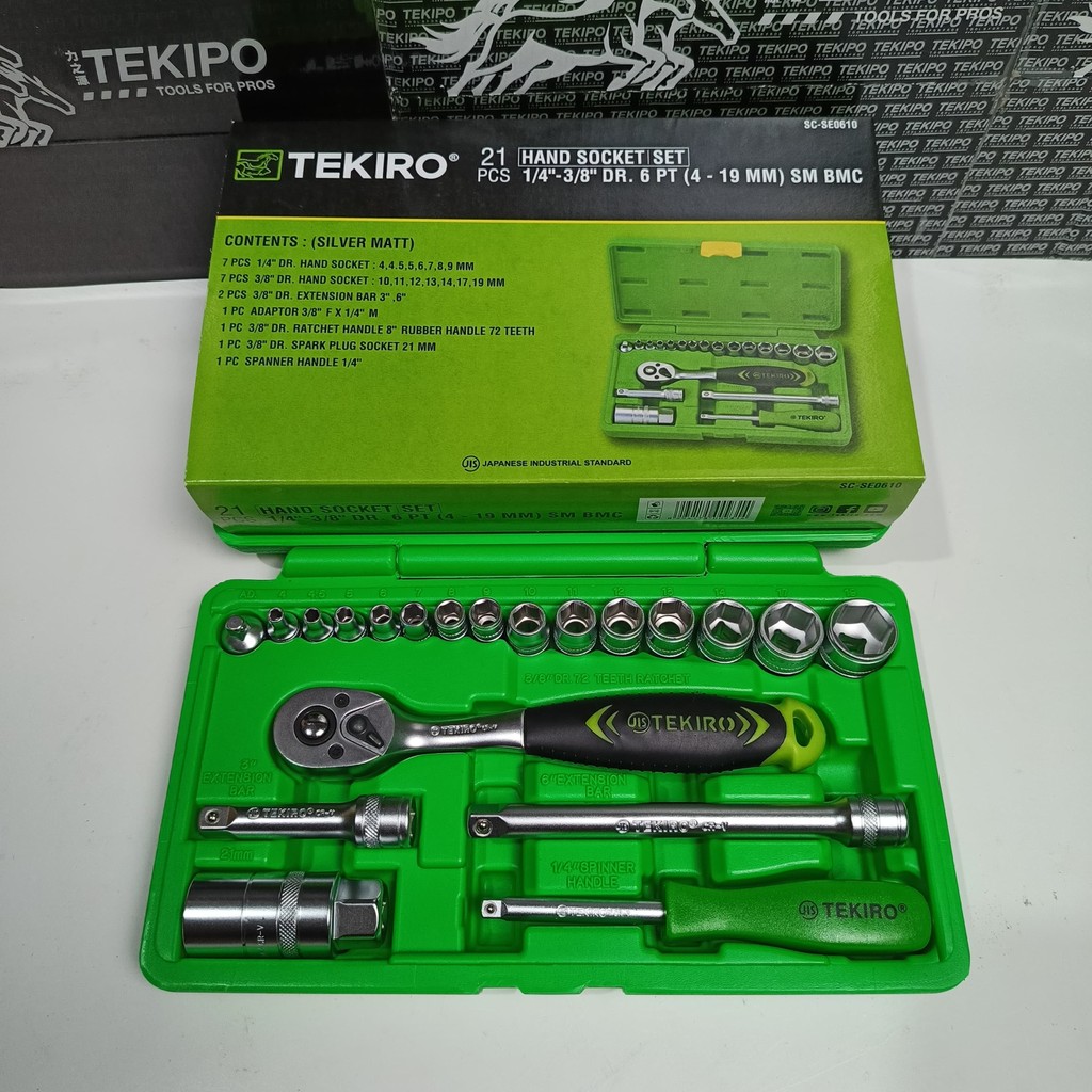 

TEKIRO Kunci sock set 21 pcs / Kunci Sok Set 4 - 19mm 21pcs 1/4" - 3/8" Drive Hand Socket Set 21pcs