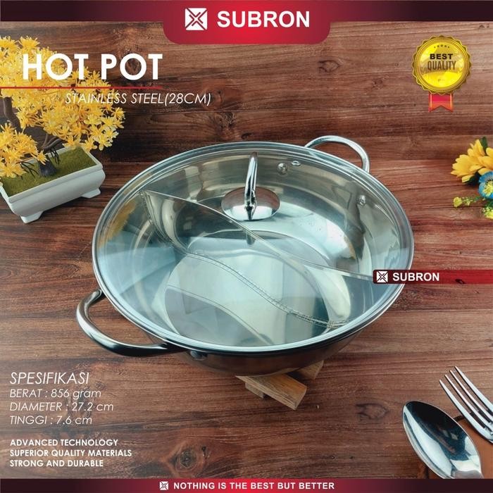 SUBRON PANCI SHABU SEKAT 2 SUKIYAKI STEAMBOAT HOT POT HUO GUO STAINLESS TUTUP KACA Kayu - 28cm Subro