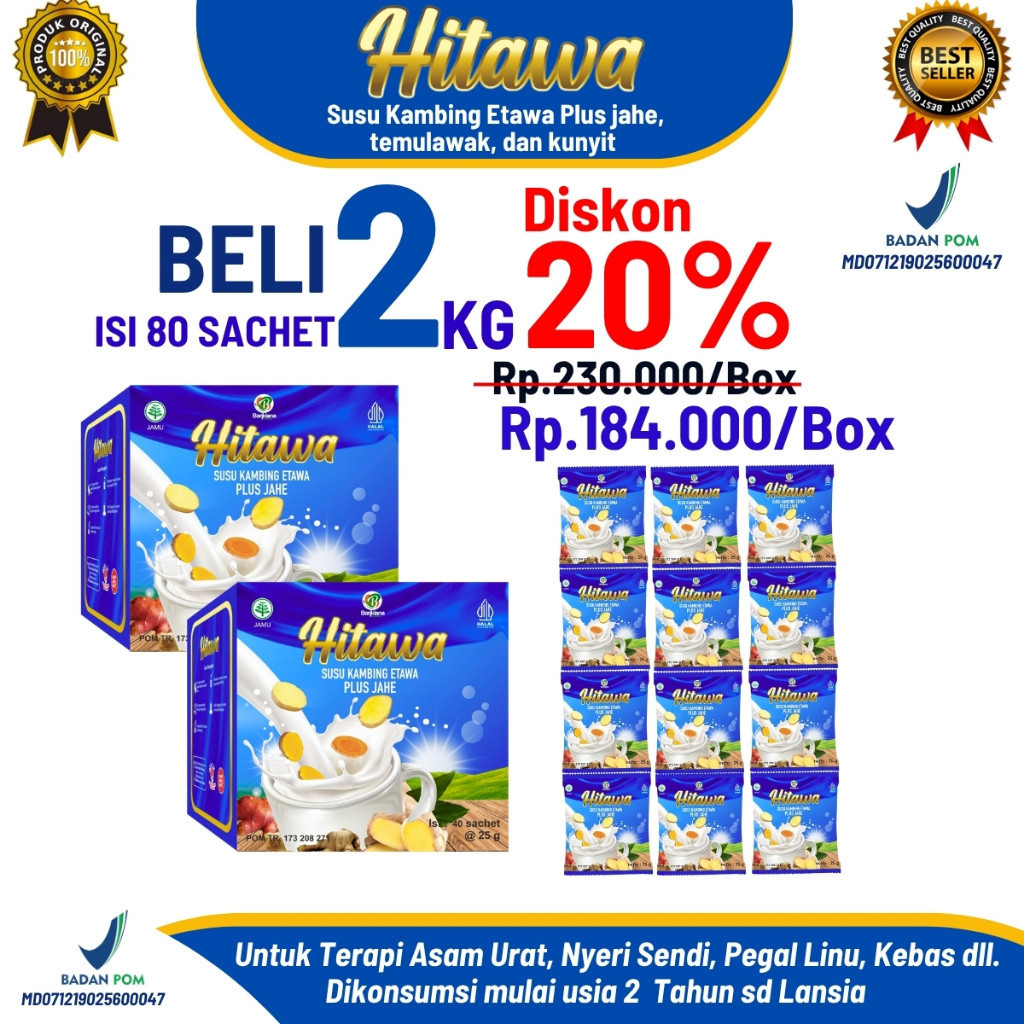 

Paket Reseller HITAWA SACHET 2Kg isi 80 – Susu Kambing Etawa Herbal | Nyeri Sendi, Rematik, Tulang