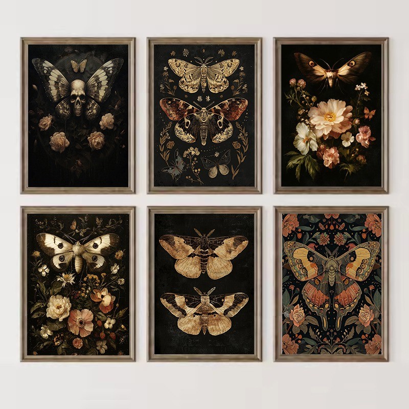 

Vintage Gothic Dark Academia Botanical Insects Moths Butterflies Flower Poster Canvas Painting Wall Art Pictures Home Decor